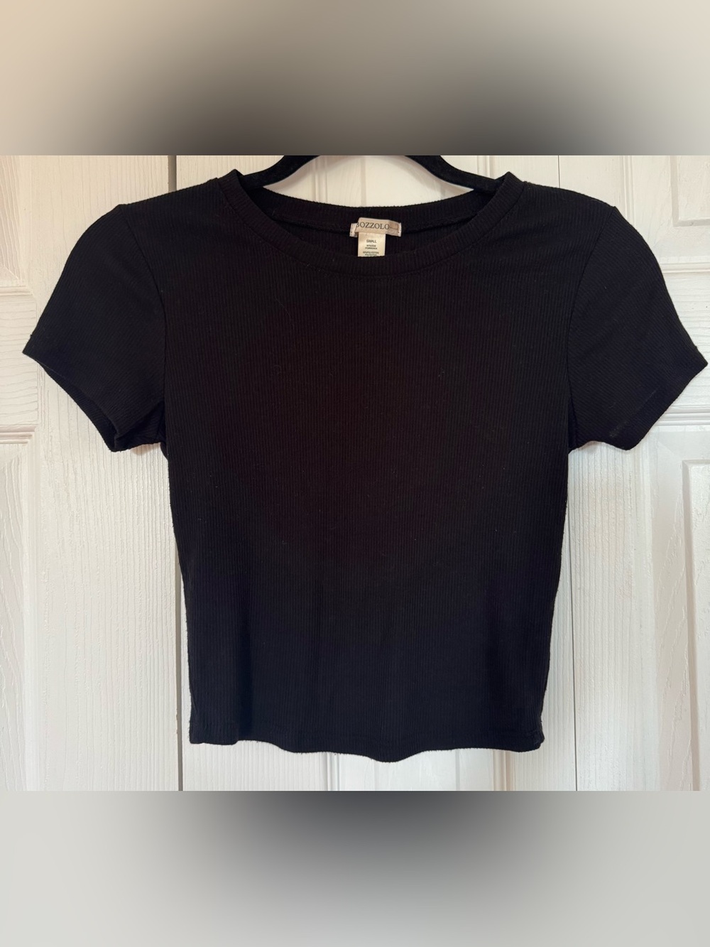 Bozzolo Black Ribbed Crewneck Cropped Sleeve Tee